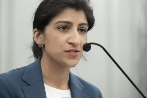 Lina Khan, then a nominee for Commissioner of the Federal Trade Commission (FTC), speaks at a hearing, April 21, 2021 on Capitol Hill in Washington. The Federal Trade Commission's long-awaited antitrust case is the agency's most aggressive move yet to tame the market power of Amazon, a company that's become synonymous with online shopping and fast deliveries. (Saul Loeb/Pool via AP, File)