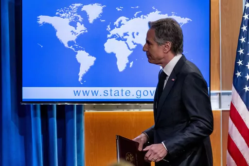 Secretary of State Antony Blinken departs a briefing on the 2022 Country Reports on Human Rights Practices at the State Department in Washington, Monday, March 20, 2023. (AP Photo/Andrew Harnik)