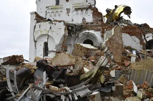 A view of the St. George's Skete, damaged by fighting, in the village of Dolyna, Donetsk region, Ukraine, Thursday, Nov. 3, 2022. (AP Photo/Andriy Andriyenko)