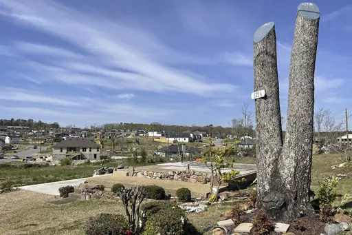 Rubble remains at a home destroyed by a 2023 tornado in the Walnut Valley neighborhood in Little Rock, Ark., Friday, March 29, 2024. Many homes are being rebuilt or repaired in the neighborhood after the March 31, 2023, tornadoes that hit the state. (AP Photo/Andrew DeMillo)
