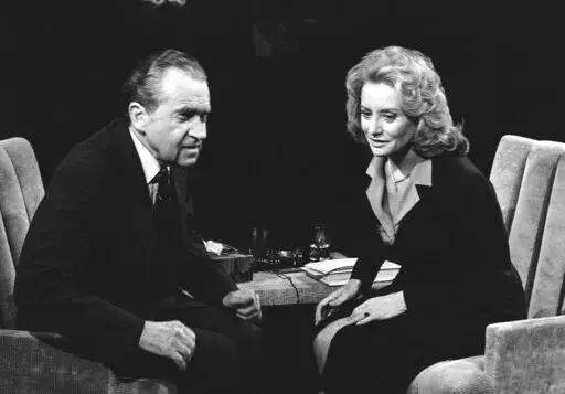 This May 8, 1980 file photo, former President Richard M. Nixon answers question during interview by ABC television personality Barbara Walters in New York. TV news pioneer and creator of 'The View,' Barbara Walters has died at 93, Friday, Dec. 30, 2022. (AP Photo/Ray Stubblebine, File)
