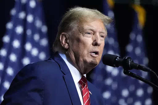 Republican presidential candidate former President Donald Trump speaks at a campaign rally March 9, 2024, in Rome Ga. (AP Photo/Mike Stewart, File)
