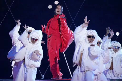 Rihanna performs during the halftime show at the NFL Super Bowl 57 football game between the Kansas City Chiefs and the Philadelphia Eagles, Sunday, Feb. 12, 2023, in Glendale, Ariz. (AP Photo/Brynn Anderson)