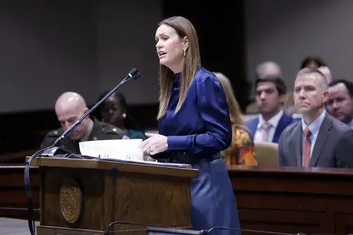 Arkansas Gov. Sarah Huckabee Sanders presents her budget for the coming year, Thursday Nov. 21, 2024, at the state Capitol in Little Rock. Ark. (Thomas Metthe/Arkansas Democrat-Gazette via AP)