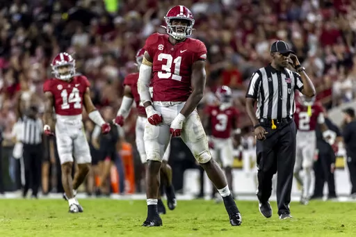 Alabama linebacker Will Anderson Jr. (31) celebrates a sack against Vanderbilt during the second half of an NCAA college football game, Saturday, Sept. 24, 2022, in Tuscaloosa, Ala. (AP Photo/Vasha Hunt)