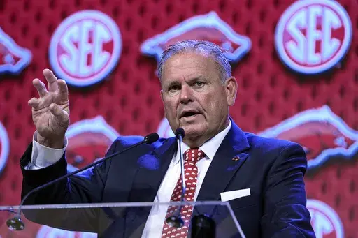 Arkansas head football coach Sam Pittman speaks during the Southeastern Conference NCAA college football media days Thursday, July 18, 2024, in Dallas. (AP Photo/LM Otero)