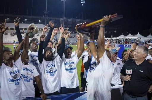 Florida celebrates after winning the men's title at the NCAA outdoor track and field championships Friday, June 9, 2023, in Austin, Texas. (Sara Diggins/Austin American-Statesman via AP)
