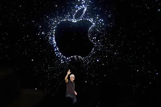 Apple CEO Tim Cook speaks at an Apple event on the campus of Apple's headquarters in Cupertino, Calif., on Sept. 7, 2022. Apple Music is about to reach a huge numerical milestone — offering an eye-popping 100 million songs available on the streaming service. (AP Photo/Jeff Chiu, File)