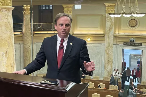 Arkansas House Speaker Matthew Shepherd speaks to reporters at the state Capitol in Little Rock, Ark., on April 7, 2023. Shepherd, Arkansas' longest serving House speaker, said Tuesday, May 16, 2023, that he won't seek another term leading the House next year. (AP Photo/Andrew DeMillo, File)