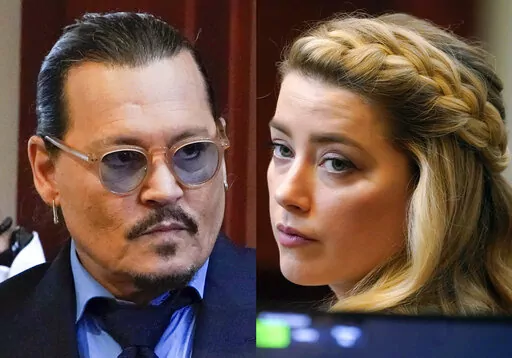 This combination of two separate photos shows actors Johnny Depp, left, and Amber Heard in the courtroom for closing arguments at the Fairfax County Circuit Courthouse in Fairfax, Va., on Friday, May 27, 2022. Heard says she doesn’t blame the jury that awarded Johnny Depp more than $10 million after a contentious six-week libel trial in her first post-verdict interview. She told Savannah Guthrie of “Today” in a clip aired Monday that she understood how the jury reached its conclusion and s