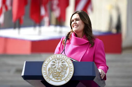 Arkansas Gov. Sarah Huckabee Sanders speaks after taking the oath of office, Jan. 10, 2023, in Little Rock, Ark. Arkansas lawmakers on Tuesday, March 7, approved a massive education bill that creates a new school voucher program, handing a major policy win to Sanders that critics said could threaten support for public schools. (AP Photo/Will Newton, File)
