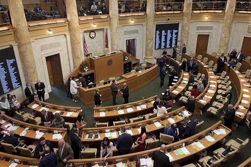 Arkansas lawmakers gather in the House of Representatives chamber at the state Capitol, Jan. 9, 2023, in Little Rock, Ark. Progressive advocacy groups in Arkansas on Monday, Dec. 11, asked a full federal appeals court to reconsider a three-judge panel's ruling that private groups can't sue under a key section of the federal Voting Rights Act. (AP Photo/Andrew DeMillo, File)