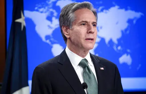 Secretary of State Antony Blinken speaks during a news conference Thursday, March 17, 2022, at the State Department in Washington. (Saul Loeb/Pool via AP)