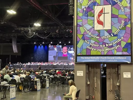 Michigan Bishop David Bard presides at a session of the General Conference of the United Methodist Church on Tuesday, April 30, 2024, in Charlotte, N.C. (AP Photo/Peter Smith)