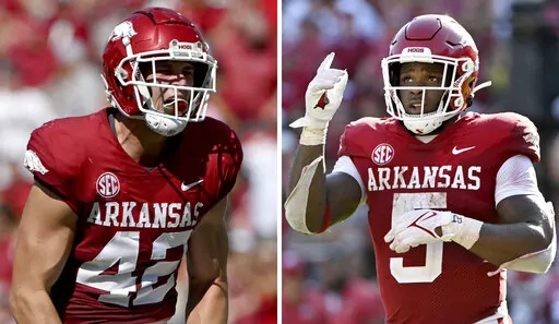 At left, Arkansas linebacker Drew Sanders (42) celebrates during the first half of an NCAA college football game Saturday, Sept. 3, 2022, in Fayetteville, Ark. At right, Arkansas running back Raheim Sanders (5) runs a play against Cincinnati, Saturday, Sept. 3, 2022. Two unrelated players who share a last name have powered No. 10 Arkansas this season. (AP Photo/File)